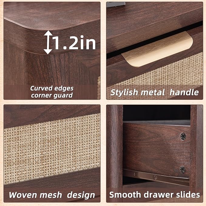 LEYAOYAO Rattan Nightstands Set of 2 with Charging Station, 23" Wide Boho Night Stand with Drawer, Walnut Bedside Table Open Cabinet, Bed Side End Table Dresser for Bedroom, Living Room, Hallway