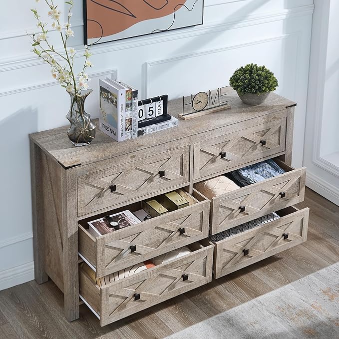 6 Drawer Dresser, Farmhouse 54" Wide Wood Chests of Drawers for Bedroom, Grey Dresser TV Stand Organizers for Entryway, Clothes Organizer, Accessory Storage Cabinet, Light Rustic Oak