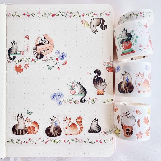 WT Chonky Cat Washi Tape Sticker Set, 4 Rolls, Original Designs, Watercolor Cute Cat Decorative Sticker, Kiss-Cut Craft Sticker, Bujo Planner Supplies, Journals Gifts, DIY Paper Sticker