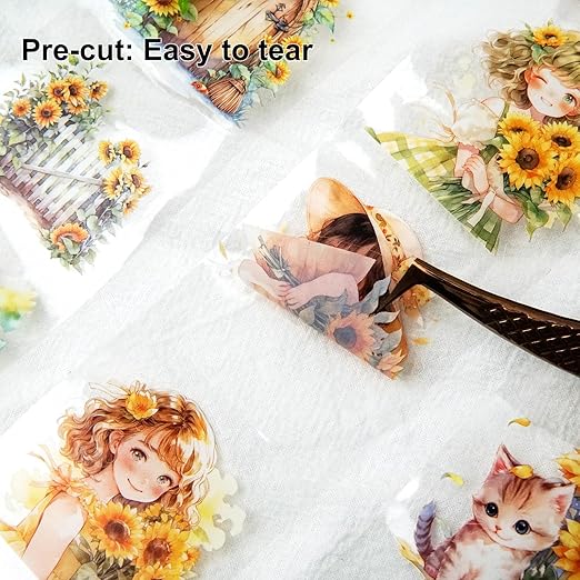 AuriicLeaf Blooming Sunflower PET Tape Set, 6 Rolls of Pre-Cut Floral Stickers for Journaling, Scrapbook Supplies, DIY Crafts, and Decorative Art
