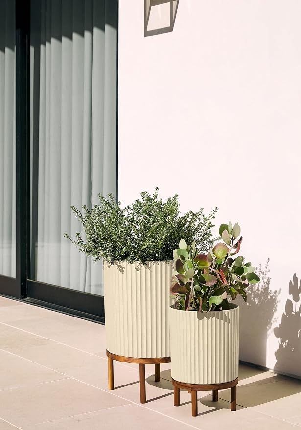 Veradek Demi Series Round Planter w/Stand for Porch/Patio | Durable Plastic-Stone Composite & Wooden Stand | Modern Décor for Tall Plants, Flowers