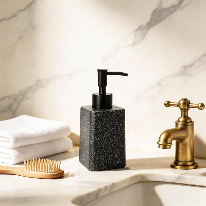 Bathroom & Kitchen Countertop Soap Dispenser, Modern Sandstone-Look Resin Bottle with ABS Pump, Durable Shatter-Resistant 8.5 oz Dispenser (Black)