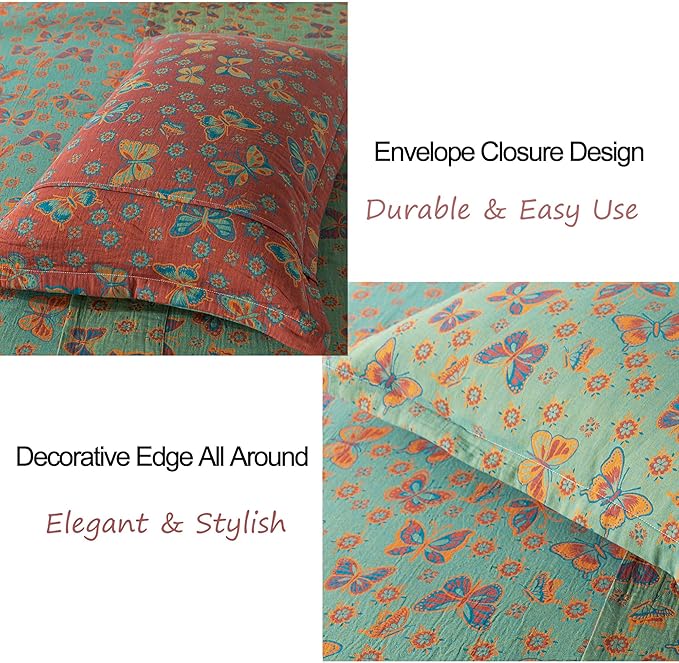 FADFAY Butterfly Sheets Set King Vintage Green Red Floral Bedding Shabby Farmhouse Bedding Super Soft Washed Double -Layer Muslin Sheets 100% Cotton Deep Pocket Fitted Sheet 4Pcs, King Size