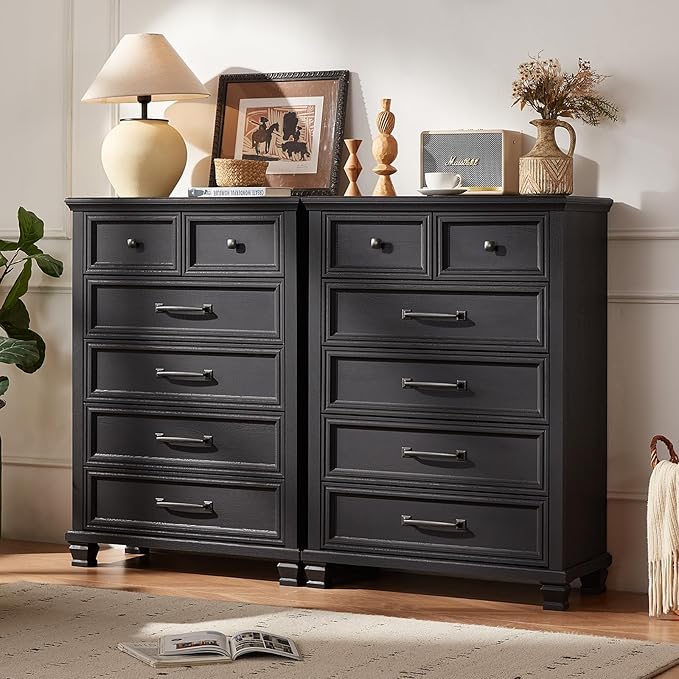 Farmhouse 6 Drawer Dresser for Bedroom, 45 Inch Tall Vintage Wood Chest of Drawers, Mid-Century Dressers w/Square Wooden Legs, Rustic Storage Organizer for Living Room, Hallway, Black