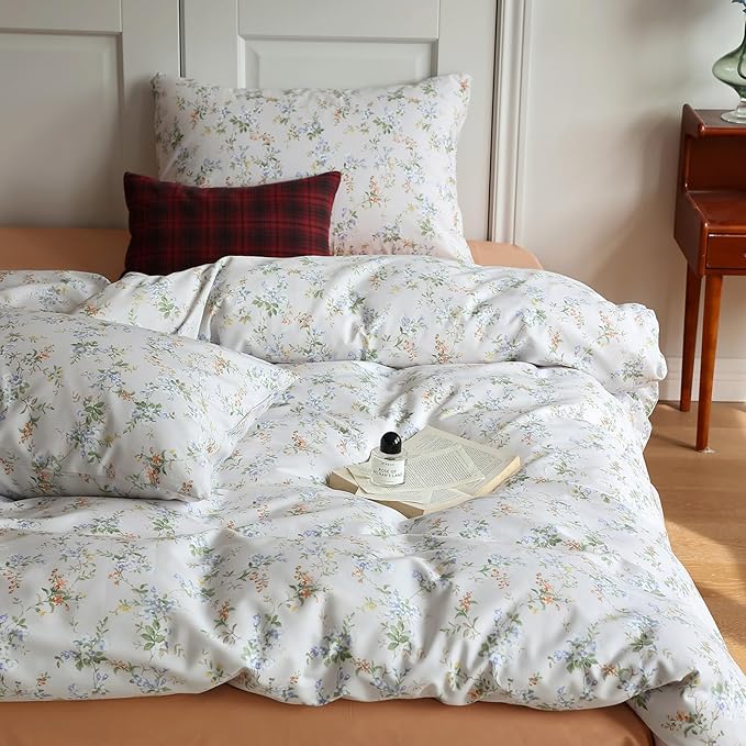 HighBuy Lightweight Cotton Floral Duvet Cover Twin XL Yellow Blue Floral Pattern Bedding Set Twin XL Vintage Boho Floral Comforter Cover 2 Pillowcases Aesthetic Green Botanical Duvet Cover Set