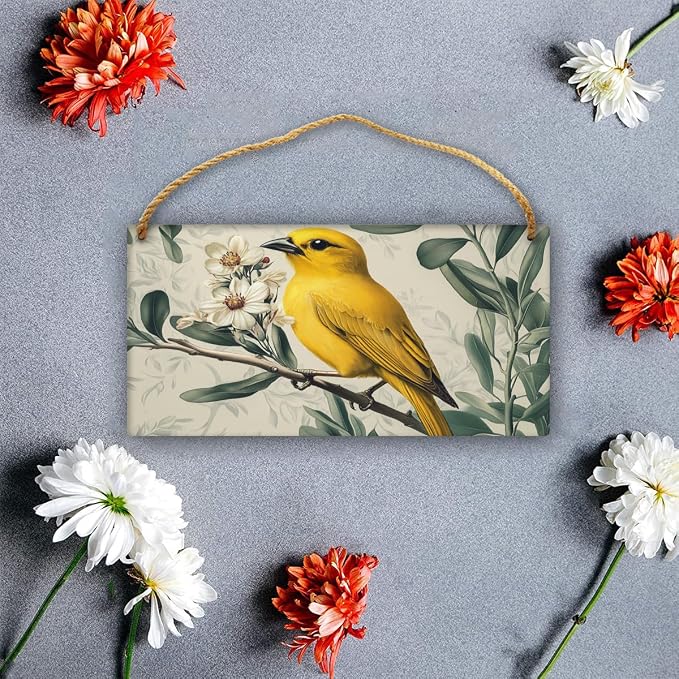 Vintage Yellow Bird & pinks Blossoms Wooden Wall Art, Retro Home Decors for Nature Collectors, 12x6 Inch Wood Sign for a Nostalgic Living Room Vibe