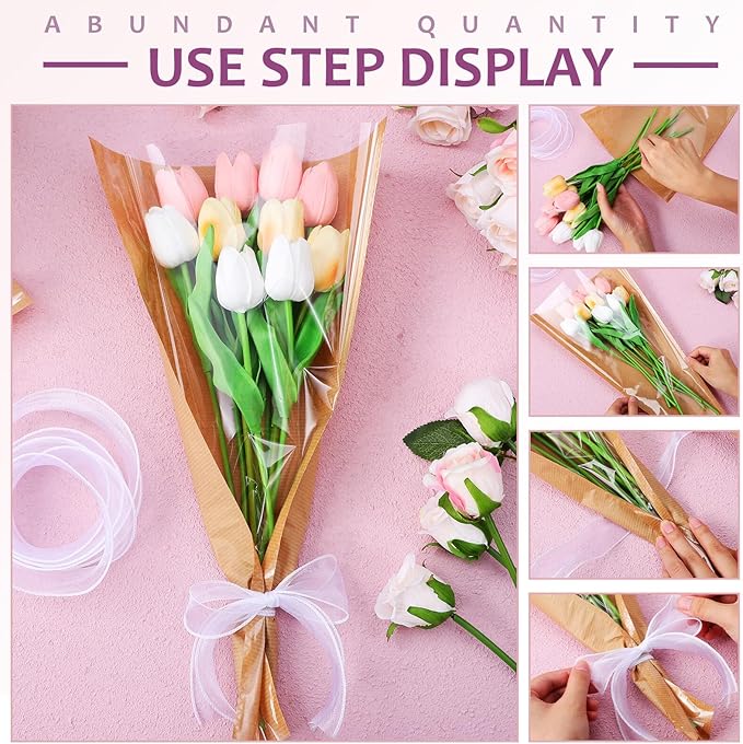 GALPADA Kraft Paper Floral Bag Floral Wrapping Paper Ribbons Sturdy Bouquet Wrapping Bags for Easy Flower Packaging