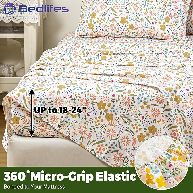 Bedlifes Extra Deep Pocket 18-24" Queen 4-Piece Sheet Set - Cooling Sheets Blend Rayon Derived from Bamboo Soft & Breathable,Featuring Floral