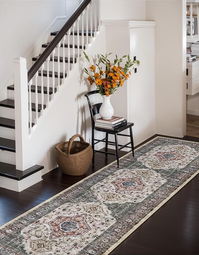 Lahome Oriental Hallway Runner Rug, 2.5x8 Kitchen Runner Non Slip Ultra-Thin, Soft Washable Hallway Rug Non Shedding Long Carpet for Entryway ‎Laundry Room Bathroom, Brown/Grey