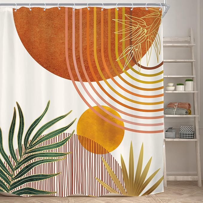 KOMLLEX Mid Century Orange Boho Shower Curtain for Bathroom Decor 72Wx78H Inches Abstract Retro Gold Modern Contemporary Bohemian Arch Simple Plant Fabric Waterproof Polyester 12 Pack Hooks Pack Hooks