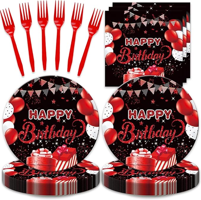 48Pcs Black and Red Happy Birthday Decorations Tableware Inculde Plates Napkins Forks Red and Black Birthday Party Supplise Serve 16 Guests