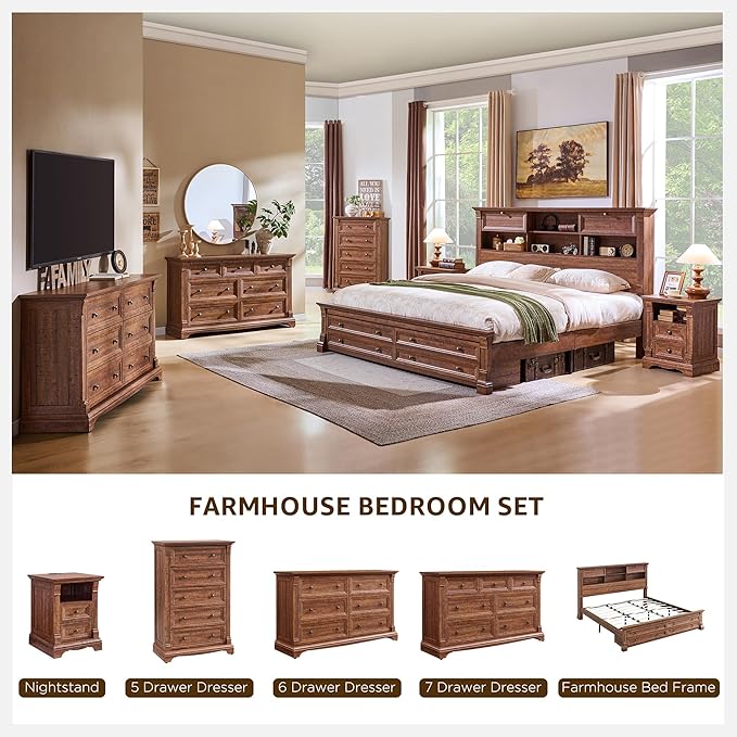 Farmhouse 6 Drawers Dresser for Bedroom, 54" Wide Large Dressers & Chests of Drawers w/Roman Column, Wooden Dresser TV Stand with Large Drawers for Bedroom Living Room Hallway,Reclaimed Barnwood
