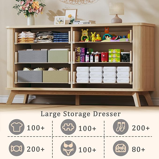 Fluted 6 Drawers Dresser for Bedroom, 55" Mid Century Modern Dresser & Chests of Drawers, Curved Profile Design, Dressers TV Stand, Wood Storage for Hallway, Entryway, Oak