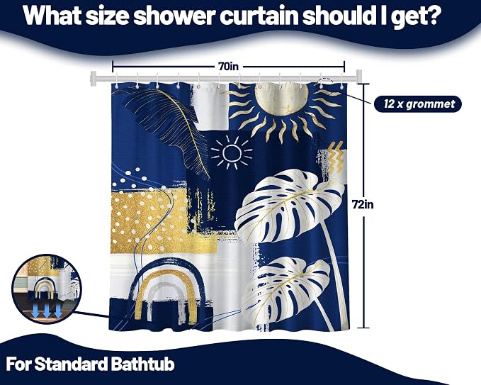 Blue and White Mid Century Modern Shower Curtain, 70x72 Inch | Bohemian Abstract Navy Blue and Gold Bathroom Decor Sets, Waterproof Cloth Fabric, Includes Hooks