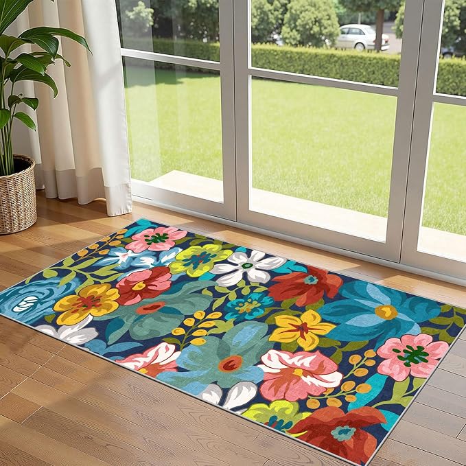 Front Door Mat Indoor Entrance - 2x4.3 Ft Floral Washable Layered Doormat Outdoor Entrance Porch Rug Non-Slip Spring Colorful Flower Runner Rug for Kitchen Bedroom Laundry Room Porch Decor