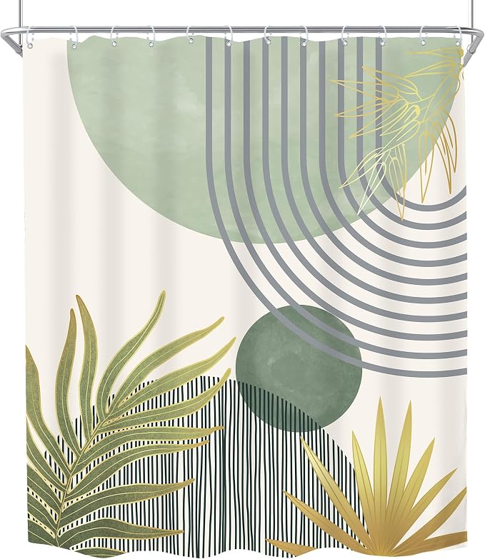 KOMLLEX Mid Century Mint Green Boho Shower Curtain 60Wx72L Inches Abstract Modern Shower Curtains for Bathroom Decor Plant Botanical Minimalist Arch Sun Fabric Liner Waterproof Polyester 12 Pack Hooks