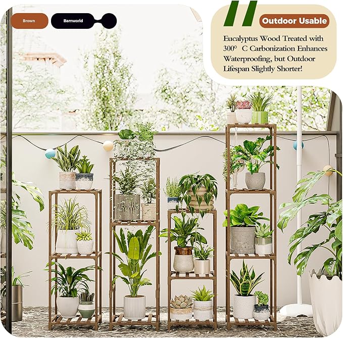 Bamworld Tall Plant Stands Indoor 4 Sets Plant Shelves Outdoor Wooden Plant Holder for Multiple Plants Flower Stands for Living Room Balcony Garden Patio Lawn Window