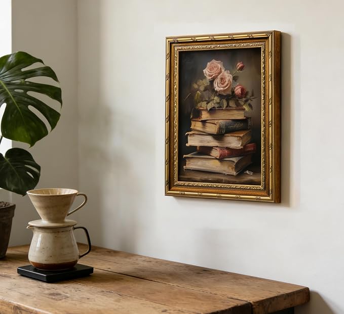 Vintage Gold Framed Retro Floral Books Wall Art Flowers Book Wall Decor Rose and Books Painting Pictures Retro Literary Pictures Artwork for study Gallery Living Room Bedroom 16X24in