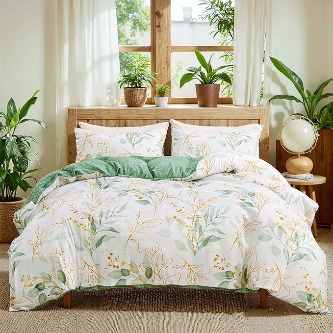 Nayoroom White Floral Duvet Cover King Size Green Gold Leaves Printed Reversible Botanical Comforter Cover 3 Pieces Soft Breathable Microfiber Cottagecore Bedding Set with Zipper Closure