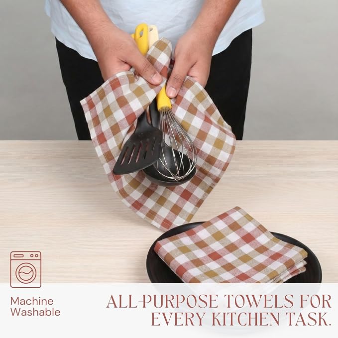 Multi Checkered Dish Towels 4 Pack, 18x26 Inches, 100% Cotton Kitchen Cloths, Quick Drying Wash Rags, Reusable & Absorbent, Washable Towels for Cleaning, Cooking - Rust, Tan, Natural