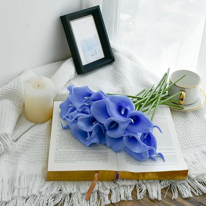 Mandy's PU Light Blue Calla Lily Artificial Flowers 20 Stems 13.5in Faux Realistic Centerpiece for Thanksgiving and Christmas Decorations DIY Bridal Bouquet Home Décor