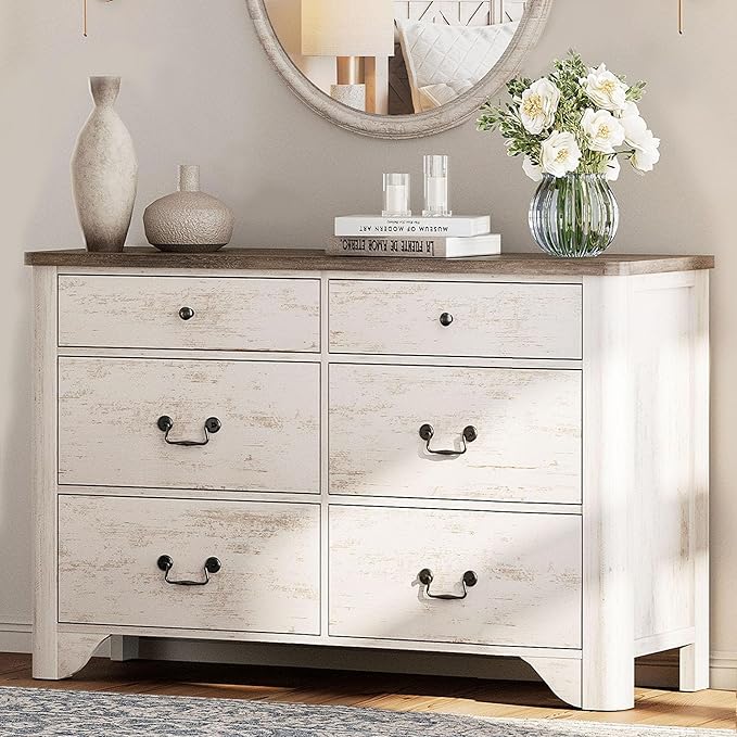 WAMPAT Farmhouse 6 Drawer Dresser for Bedroom, 47.2" White Dresser with Large Storage Drawers and Metal Handle, Wide Chest of Drawers with Solid Wood Legs, Wood Dressers for Bedroom, Closet, Hallway