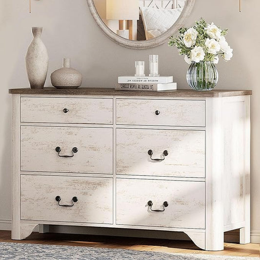 WAMPAT Farmhouse 6 Drawer Dresser for Bedroom, 47.2" White Dresser with Large Storage Drawers and Metal Handle, Wide Chest of Drawers with Solid Wood Legs, Wood Dressers for Bedroom, Closet, Hallway