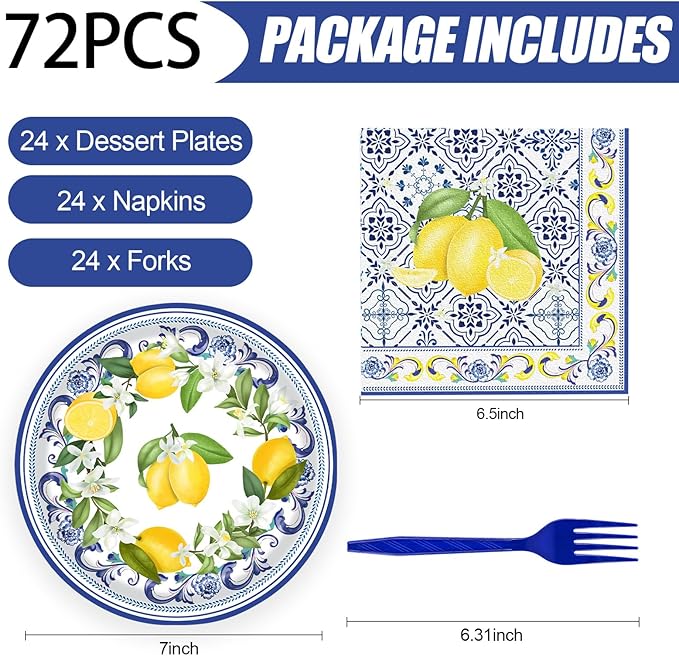 72 Pcs Lemon Paper Plates and Napkins Party Supplies , Blue Tiles Yellow Lemon Party Decorations Disposable Party Plates and Napkins Tableware Set for Birthday Wedding Baby Showe Serves 24 (Lemon)
