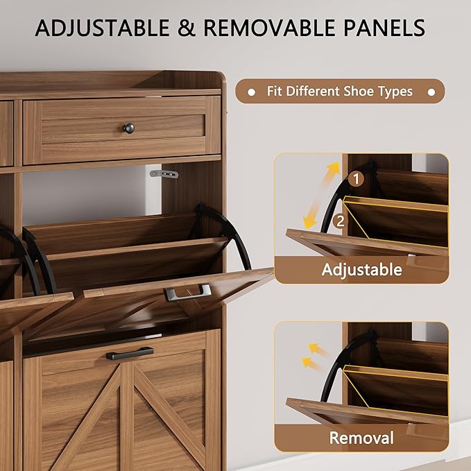 Shoe Cabinet with 4 Flip Drawers & 2 Top Drawers, 43" Tall Freestanding Narrow Wooden Shoe Storage Organizer for Entryway, Hidden Slim Shoe Rack for Front Door Entrance, Hallway, Living Room, Walnut