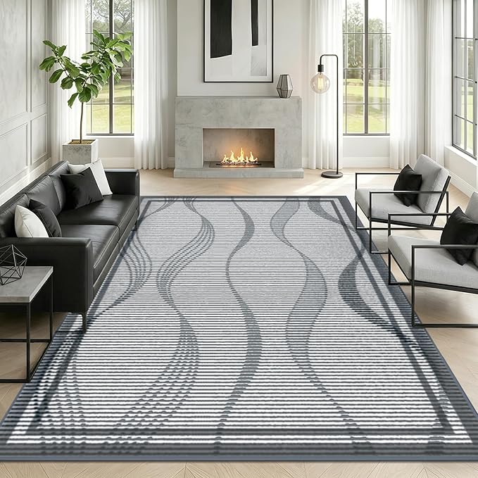 Merelax 6x9 Area Rugs for Living Room - Washable Non-Slip Large Bedroom Rug, Indoor Floor Carpet Low Pile Soft Farmhouse Rug for Dining Room, Mudroom, Modern Aesthetic Geometric Decor, Dark Grey