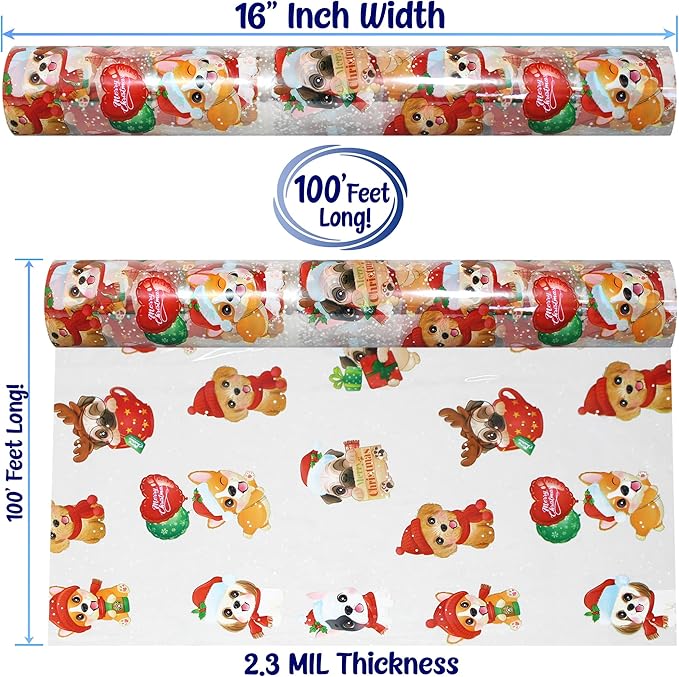 AnapoliZ Christmas Cellophane Wrap Roll | 100’ Ft Long X 16” in. Wide | 2.3 Mil Crystal Clear Christmas Puppies Cellophane | Gifts, Baskets, Treats Cello Wrapping Paper | Christmas Puppies Cello Roll
