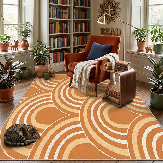 Terracotta Arch Area Rug 3 x 4 ft, Mid-Century Modern Geometric Rug, Burnt Orange Cream Abstract Washable Rug, Soft Low Pile Non-Slip Carpet for Living Room Bedroom