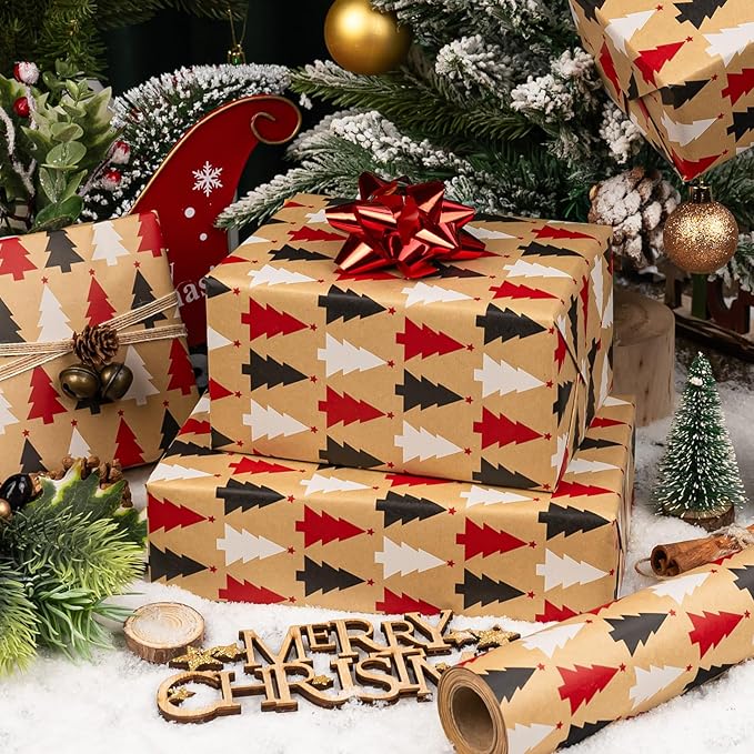 MAYPLUSS Kraft Trees Christmas Wrapping Paper - 17 Inch X 33 Feet - Minimalistic Little Red Black White Trees Kraft Recyclable Winter Holiday Gift Wrap Paper for Party, DIY Crafts & Festive Decoration