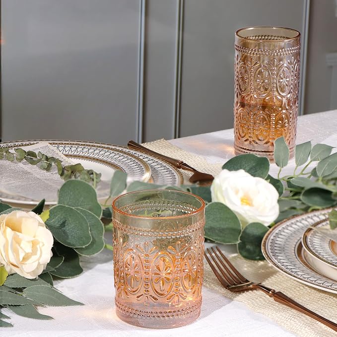 Amber Glassware Set of 4, Vintage Drinking Glasses, Colored Glassware Drinking, Highball Embossed Beverage Glasses Cup for Water, Juice, Cocktail, Coffee (2pcs12oz+2pcs10oz）