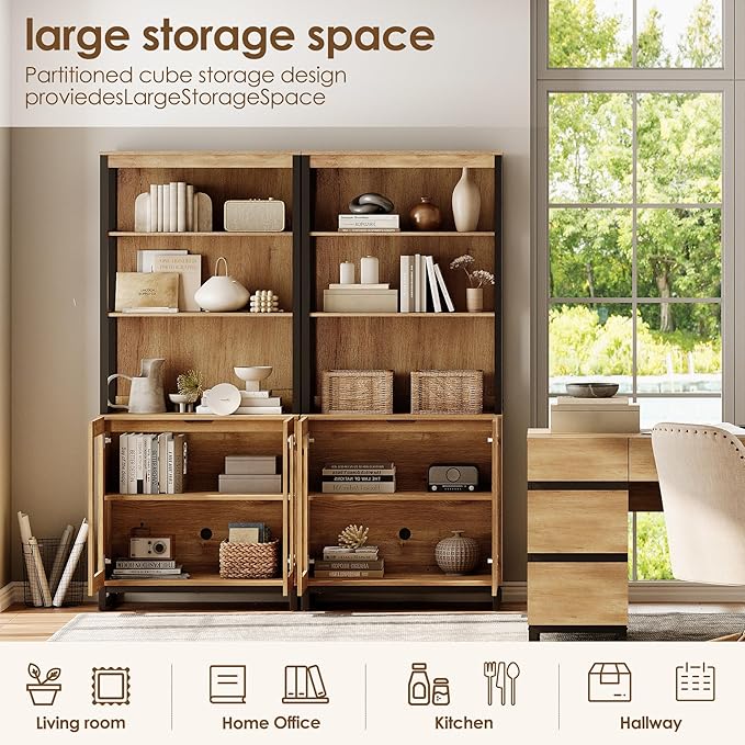 WAMPAT 4 PCS Modern 72" Tall Bookcases with Glass Doors and Adjustable Shelves, Library Book Shelf with Storage Cabinet and Open Book Shelfs, Wood Bookshelves for Home Office, Living Room, Oak