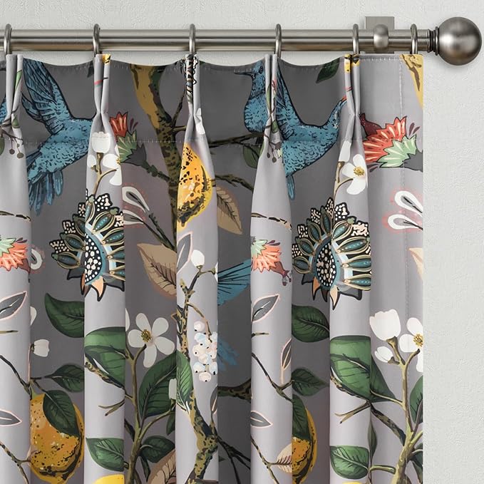 Grey Floral Curtains for Living Room Bedroom, Aesthetic Unique Rustic Pinch Pleated Drapes Cottagecore Flower Printed Modern Farmhouse Window Treatment 63 Inch Length 2 Panels