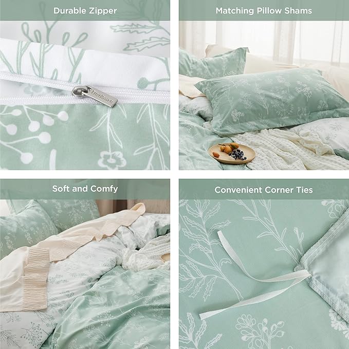 Bedsure Duvet Cover King Size - Reversible Floral Duvet Cover Set with Zipper Closure, Green Bedding Set, 3 Pieces, 1 Duvet Cover 104"x90" with 8 Corner Ties and 2 Pillow Shams 20"x36"