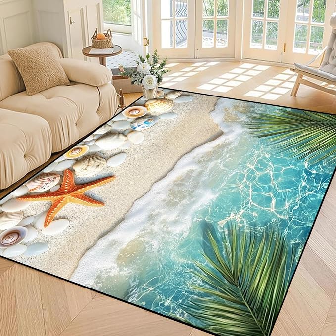 5'x7' Beach Rug Starfish Seashell Area Rugs for Bedroom Living Room Kitchen Nursery Playroom Home Decor Ocean Sea Wave Carpt 3D Non Slip Washable Throw Rug Coastal Seaside Floor Mat