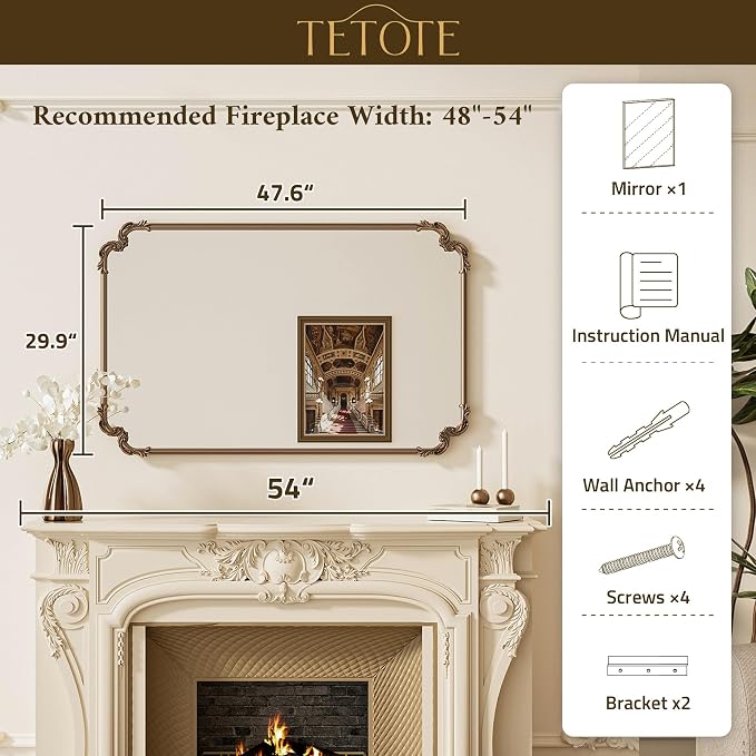 TETOTE Baroque Antique Black Scroll Wall Mirror 48 x 30 Vintage Rectangle Framed Baroque French Rectangular Mirror for Mantle Fireplace Bathroom Living Room, Horizontal/Vertical