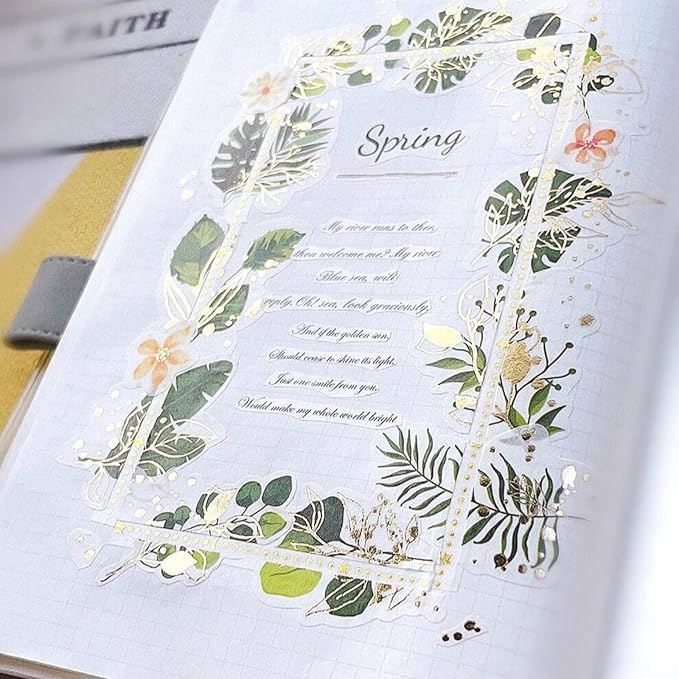 WT Green Oasis Washi Sticker Set, 3 Rolls, Original Designs, Pastel Decorative, Plants Sticker, Gold Foil, Bujo Planner Supplies, DIY Paper Stickers