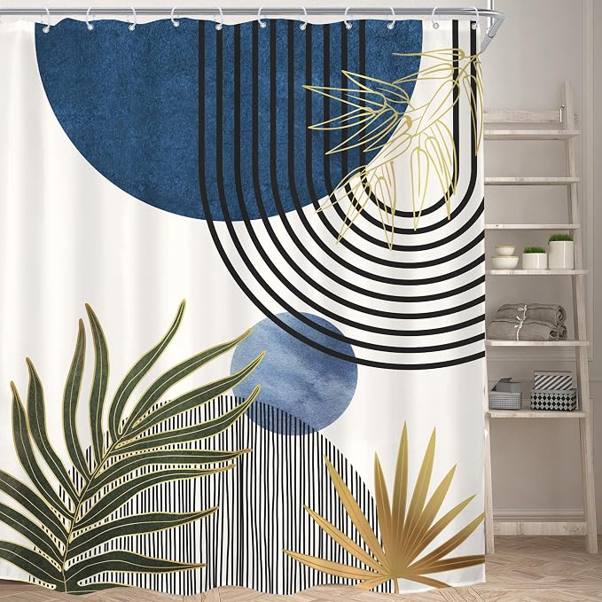 KOMLLEX Mid Century Blue Green Boho Shower Curtain for Bathroom Decor 72Wx84H Inches Extra Long Abstract Modern Plant Botanical Minimalist Arch Fabric Waterproof Polyester 12 Pack Hooks Pack Hooks