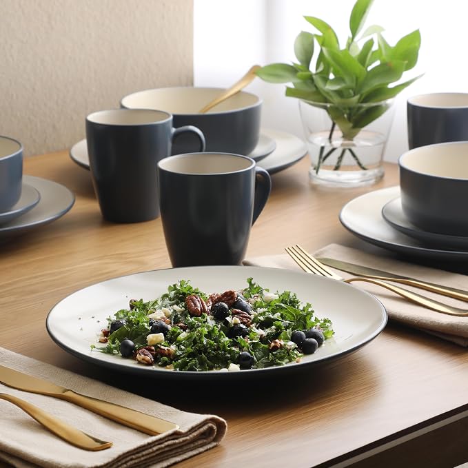 Gibson Elite Oxford Blue Plates and Bowls Sets, 16 Piece Stoneware Dinnerware Sets for 4, Two Tone Dishware Sets, Dinner Plates Dessert Plates Bowls Mugs