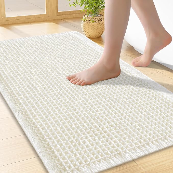 Smiry Waffle Bath Mat 24x16, Extra Soft Absorbent Bathroom Rugs, Non Slip Machine Washable Quick Dry Bath Rugs for Bathroom Floor, Tub, Shower, Home Decor Accessories, Cream