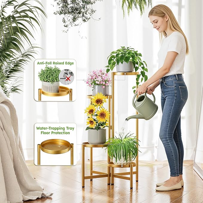 Gold Plant Stand, 4 Tiered Plant Stand Indoor for Multiple Large Planter, Tall Heavy Duty Adjustable Folding Rack with Rustproof 7.9 Inch Wide Tray, Plant Shelf for Corner - GoldDisk