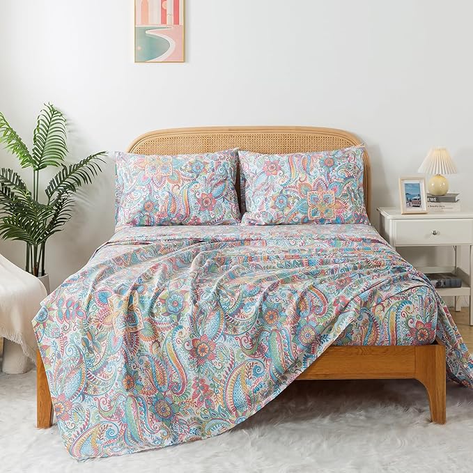 Zusbest Cotton Sheets Full 100% Cotton Pink Green Paisley Floral Bed Sheet Sets Watercolor Bedding Luxury Soft Breathable Crispy Cooling Percale Sheets 17.5'' Girls Deep Pocket Full Bed Set, 4 Pcs