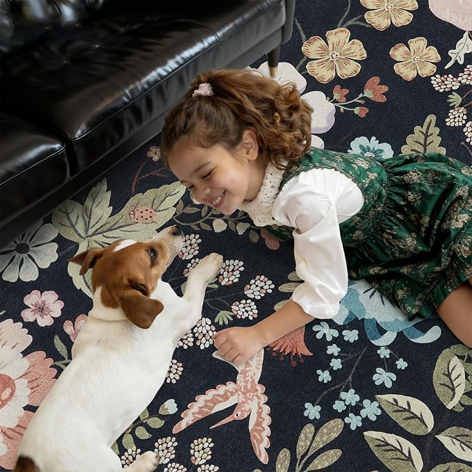 DCX Black Floral Rug 2x3, Washable Black Rug for Living Room, Kid & Pet Friendly with Rubber Back Non Slip, Soft Low Pile Carpet, Stain Resistant Rug for Bedroom, Nursery, Dining Room