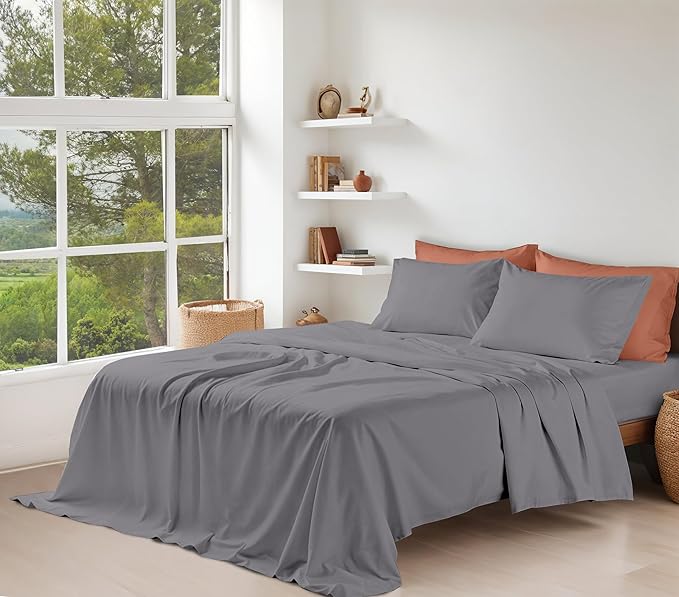 RUVANTI 100% Organic Cotton Sheets California King, Percale Weave, GOTS Certified, 4-Piece Set, Deep Pocket 13", Crisp & Breathable, Soft Durable Bedding, Sábanas Algodón Orgánico – Silver Filigree