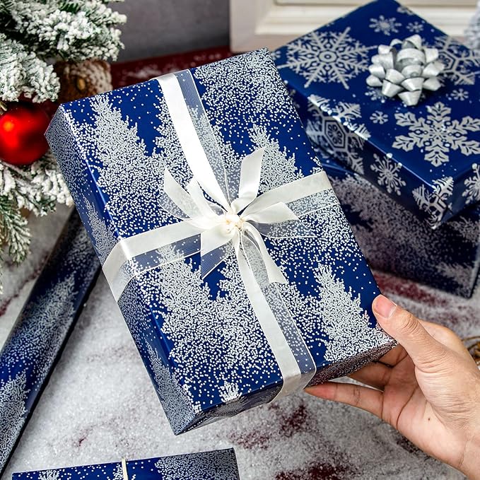 MAYPLUSS Blue Christmas Wrapping Paper Roll, Tree Wrapping Paper, Luxury Navy Blue Shiny Christmas Tree and Snowflakes Gift Wrap for Holiday Gift Packaging, Festive Decoration (17 Inch X 16.5 Feet)