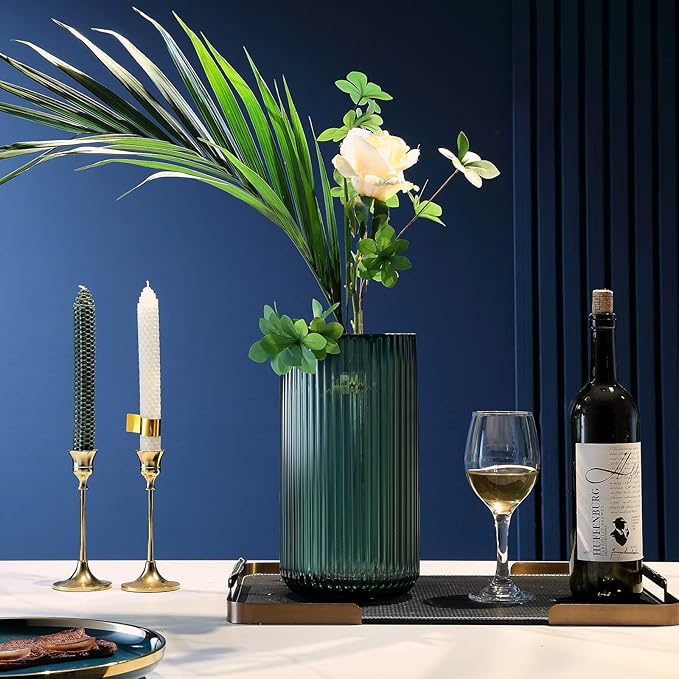 Large Cylinder Ribbed Green Glass Flower Vase for Farmhouse Dining Table Centerpieces Decor