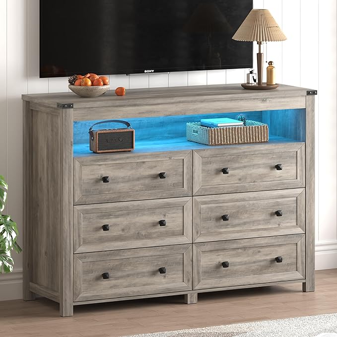 Dresser for Bedroom with 6 Drawers, Wide Chest of Drawers with LED Light and Power Outlet, Wooden Closet Organizer Clothes Storage Cabinet, Modern Double Dressers for Living Room, Hallway, Grey